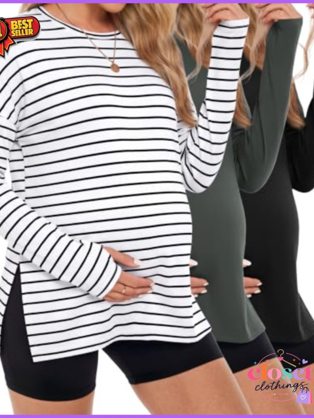 3-Pack Maternity Long Sleeve Tops with Thumb Hole for Women - Soft Polyester